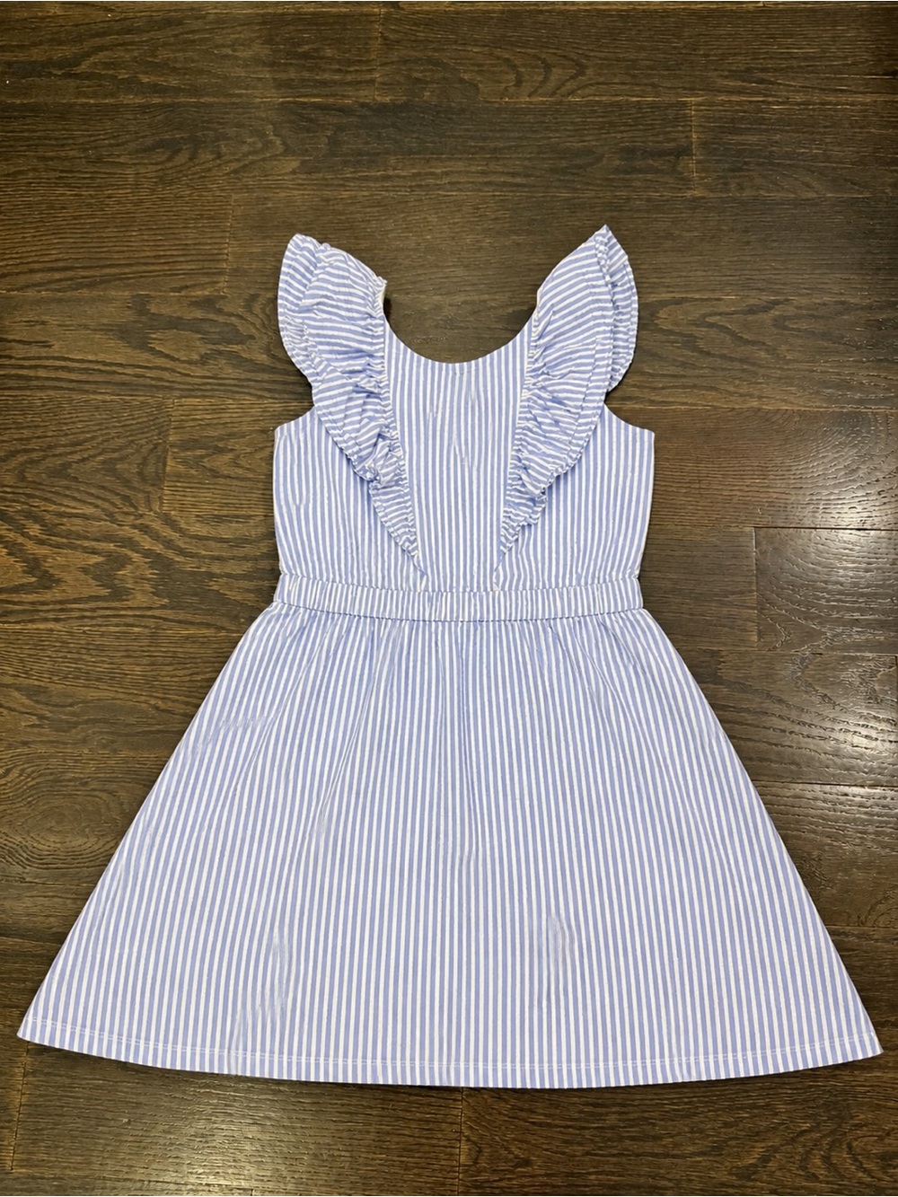 Crew Cuts Girls' Blue Stripe Ruffle Shoulder Dress